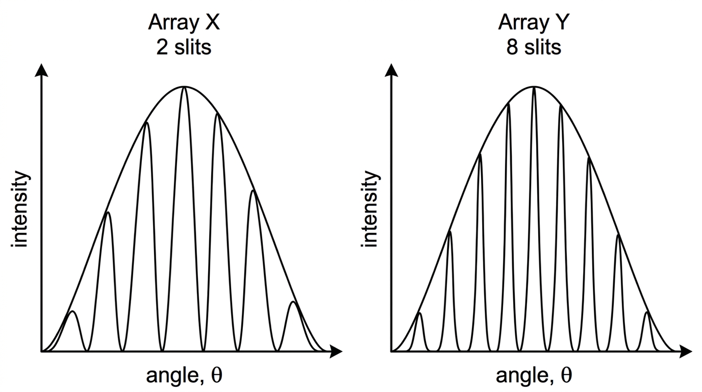 Two intensity-against-angle sketches shown side by side. One is labelled Array X: two slits, with broad principal maxima and minima between. The other is labelled Array Y: eight slits, with principal maxima at the same angular positions as Array X but much narrower and taller. Both sketches are shown under the same broad single-slit envelope.