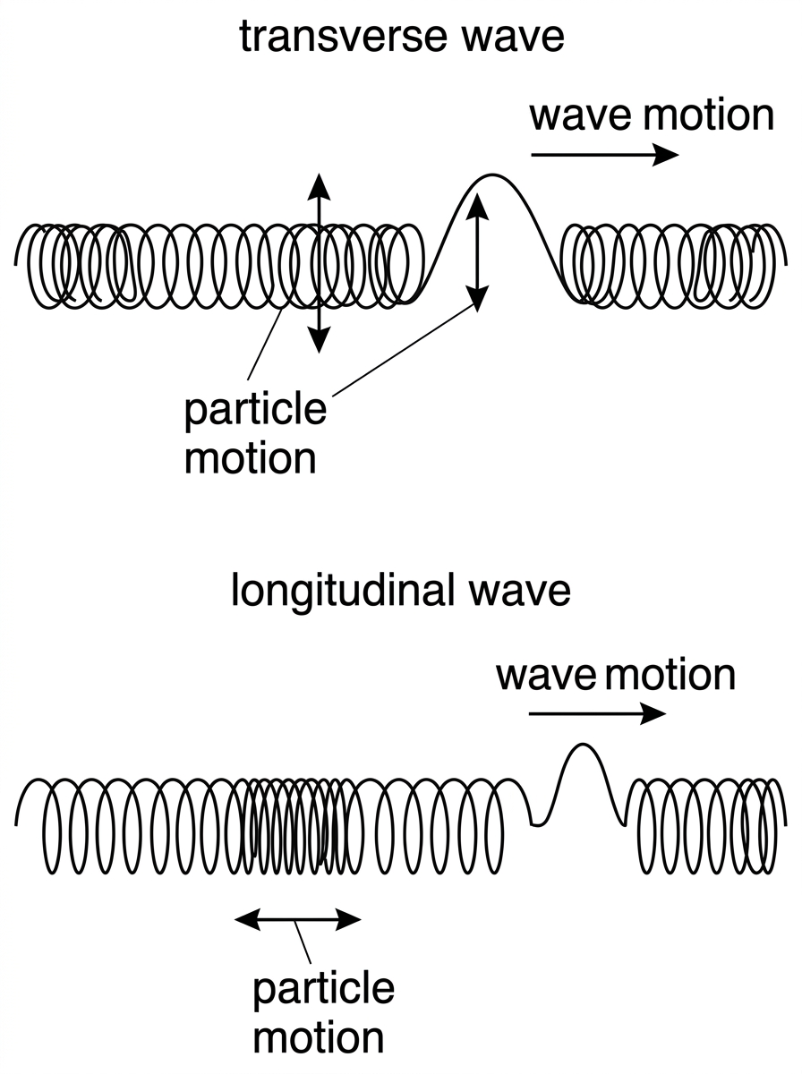 Two simple labelled spring diagrams. The upper diagram shows a transverse pulse travelling to the right while individual coils move up and down. The lower diagram shows a longitudinal pulse travelling to the right with compressions and rarefactions while individual coils move left and right along the spring.