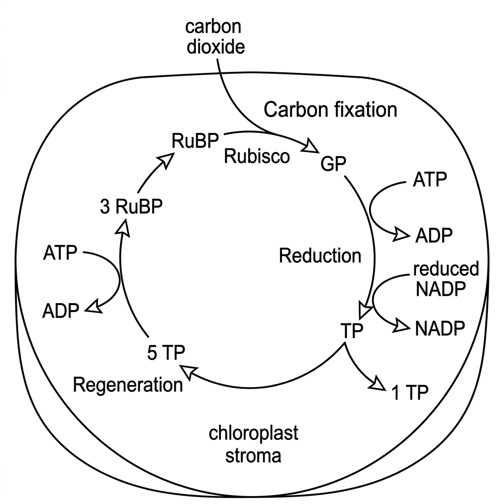 A simplified Calvin cycle diagram in the chloroplast stroma. The cycle shows RuBP combining with carbon dioxide, formation of glycerate 3-phosphate, conversion to triose phosphate using ATP and reduced NADP, some triose phosphate leaving the cycle, and most triose phosphate being recycled to regenerate RuBP using ATP. Labels include RuBP, carbon dioxide, Rubisco, GP, TP, ATP, ADP, reduced NADP and NADP.