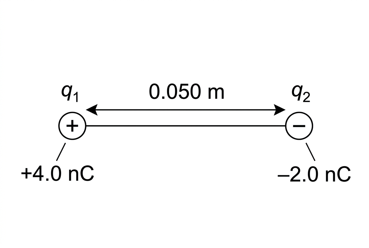 A horizontal diagram showing two fixed point charges separated by a labelled distance. One charge is positive and the other is negative. No force arrows or energy annotations are shown.