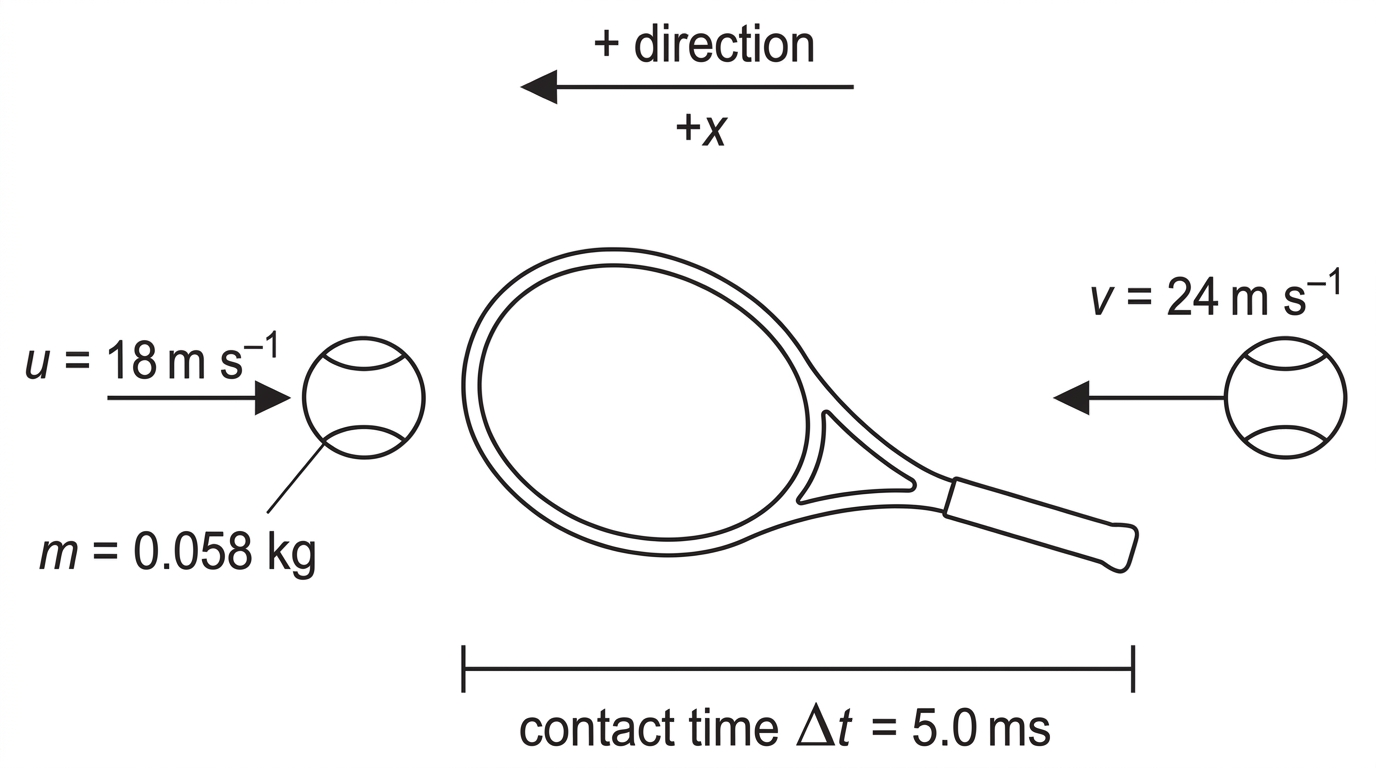A horizontal before-and-after diagram of a tennis ball colliding with a racket. The incoming ball is labelled with speed toward the racket and the outgoing ball is labelled with speed away from the racket in the opposite direction. The positive direction should be indicated along the outgoing velocity.