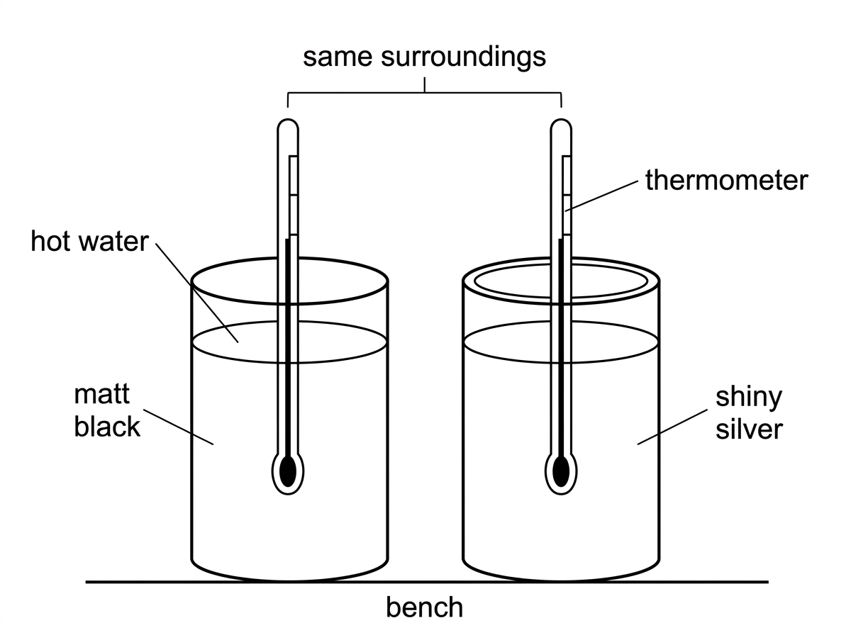 Two identical cans side by side, one labelled matt black and one shiny silver, both containing hot water and thermometers; surroundings common to both.
