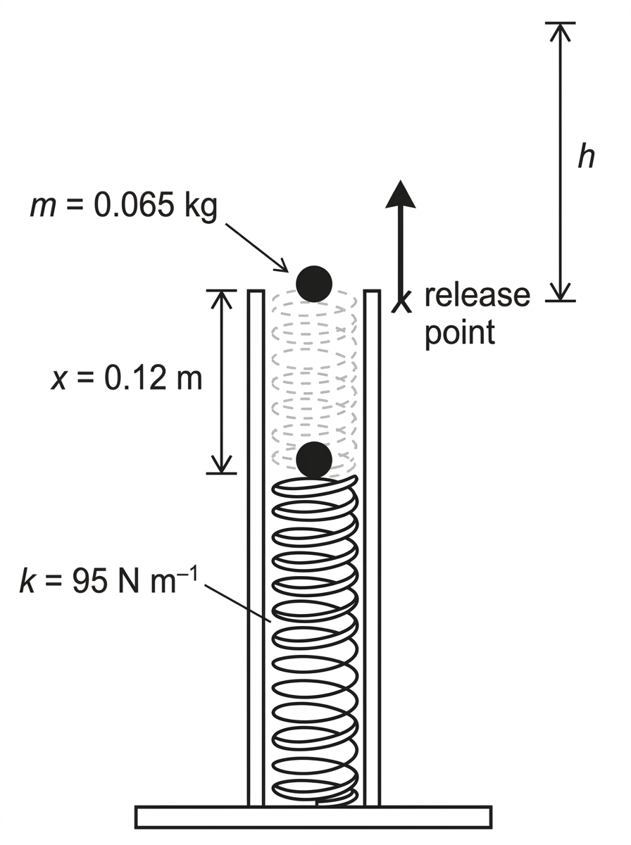 Diagram of a vertical spring launcher. A ball sits on top of a compressed spring inside a guide tube. The compression from the natural length is labelled, and an upward arrow indicates the launch direction. The maximum height above the release point is indicated by a vertical bracket.