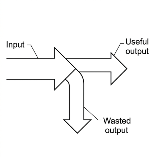 A Sankey diagram with one input arrow from the left splitting into two output arrows of equal width, one useful output to the right and one wasted output downward. The combined output widths match the input width. Labels identify input, useful output and wasted output.