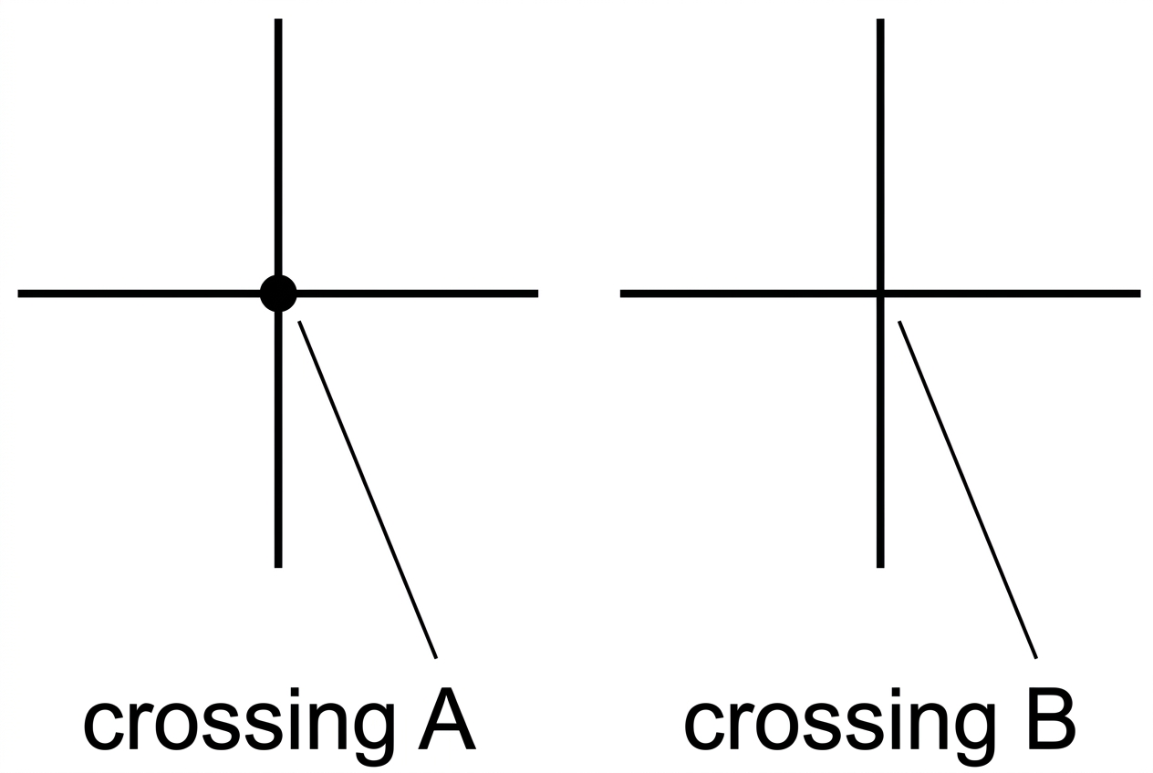Two small circuit-diagram fragments: one showing crossing wires with a junction dot and one showing crossing wires without a dot; labels identify the crossings but do not state connected or not connected.
