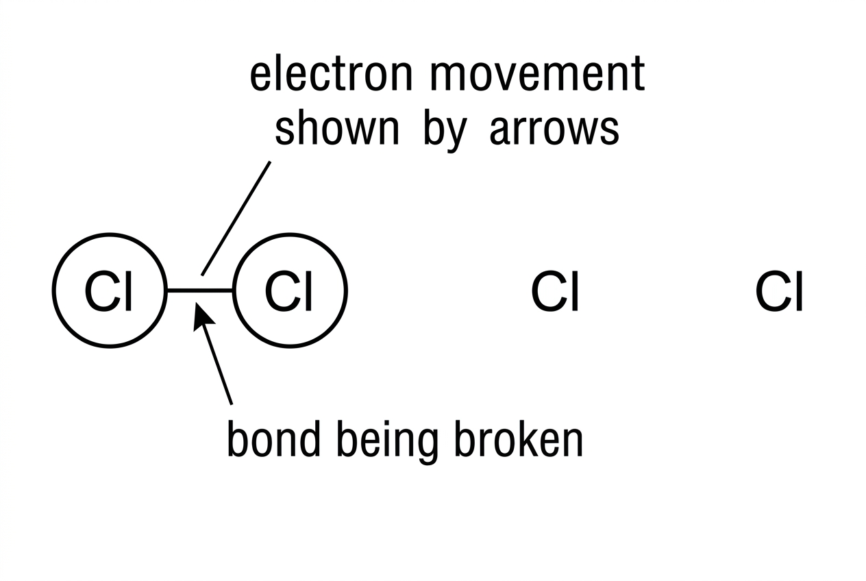 A simple diagram showing a $Cl-Cl$ bond before bond breaking and two separated chlorine atoms after bond breaking. The diagram should label the bond being broken and indicate that the task concerns the arrows used to show electron movement, without drawing the arrows themselves.