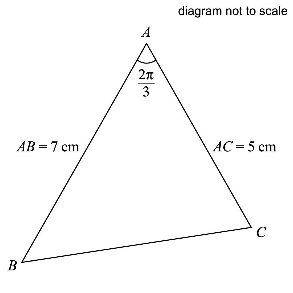 A non-right triangle labelled $A$, $B$ and $C$. The two sides meeting at $A$ are labelled $AB=7\text{ cm}$ and $AC=5\text{ cm}$. The included angle at $A$ is marked and labelled $2\pi/3$.