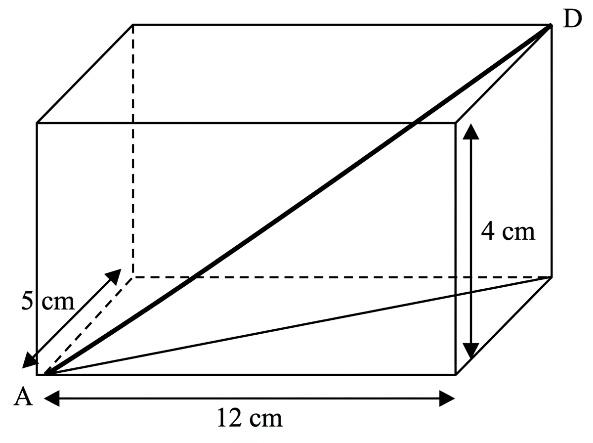 A rectangular cuboid with a rod drawn between opposite vertices. The rod's projection onto the rectangular base is shown as a base diagonal.