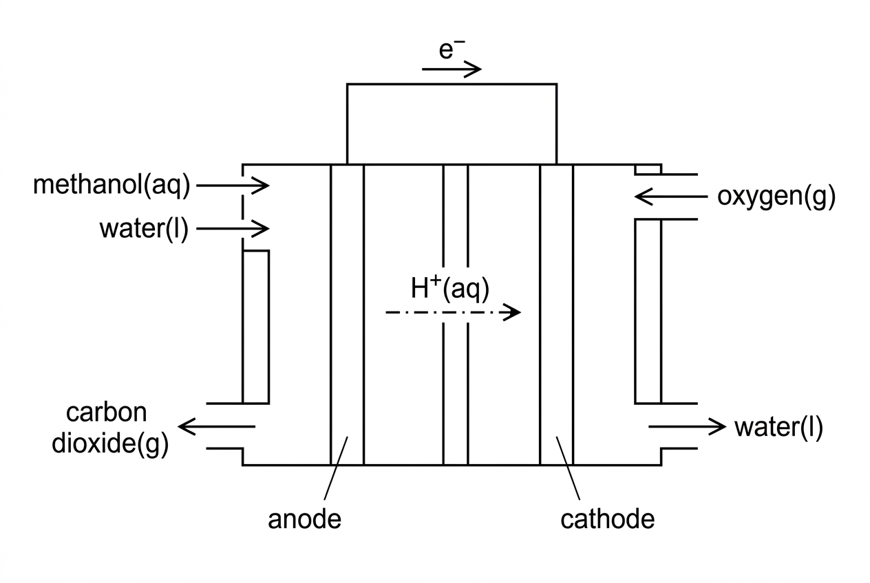 Schematic of a direct methanol fuel cell showing methanol and water entering the anode, oxygen entering the cathode, carbon dioxide leaving the anode side, water leaving the cathode side, and electrons passing through an external circuit. No equations should be shown.