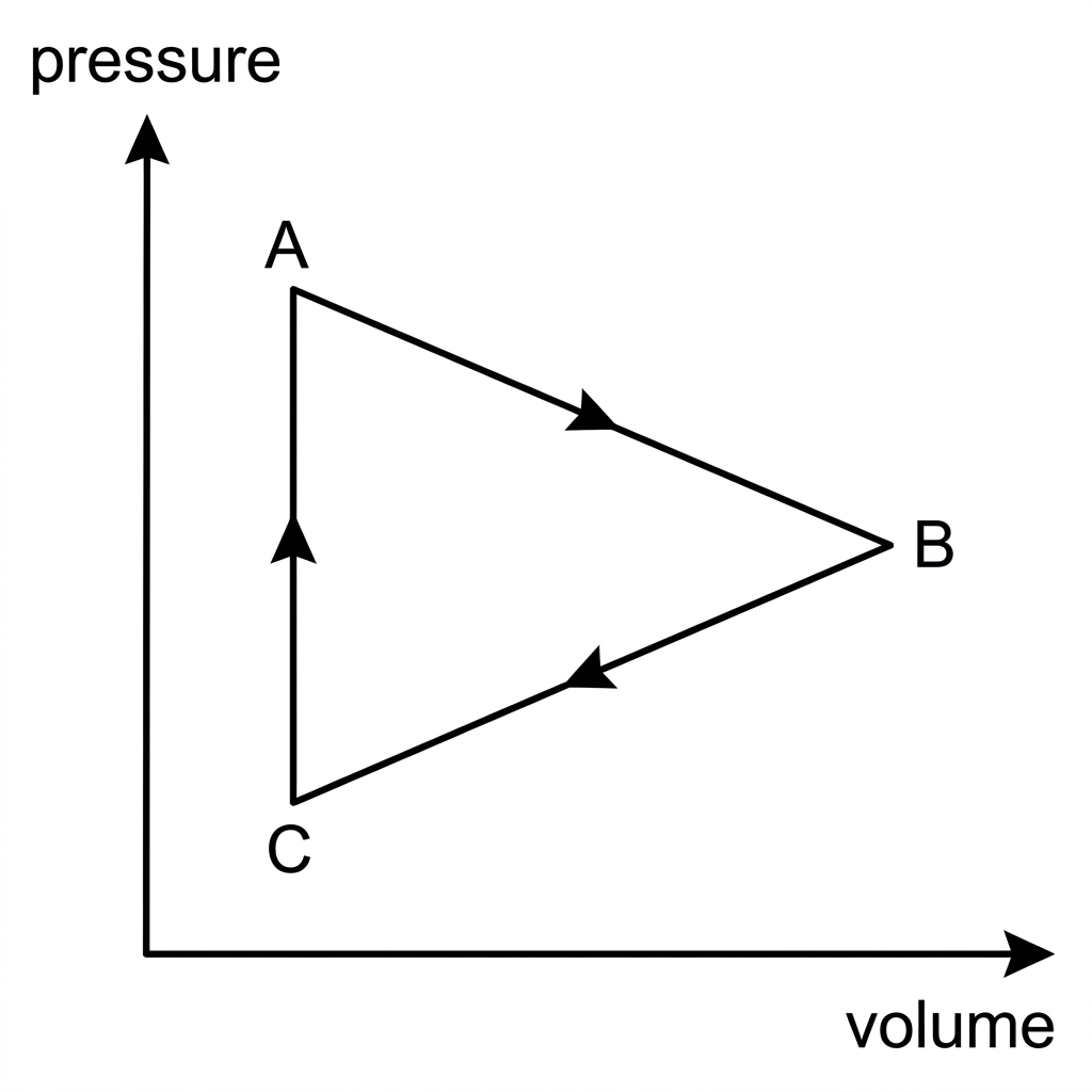 A pressure–volume diagram with a closed triangular cycle labelled A, B and C. One side is vertical, one section shows expansion to the right, and the arrows indicate a clockwise cycle. Axes are labelled pressure and volume.