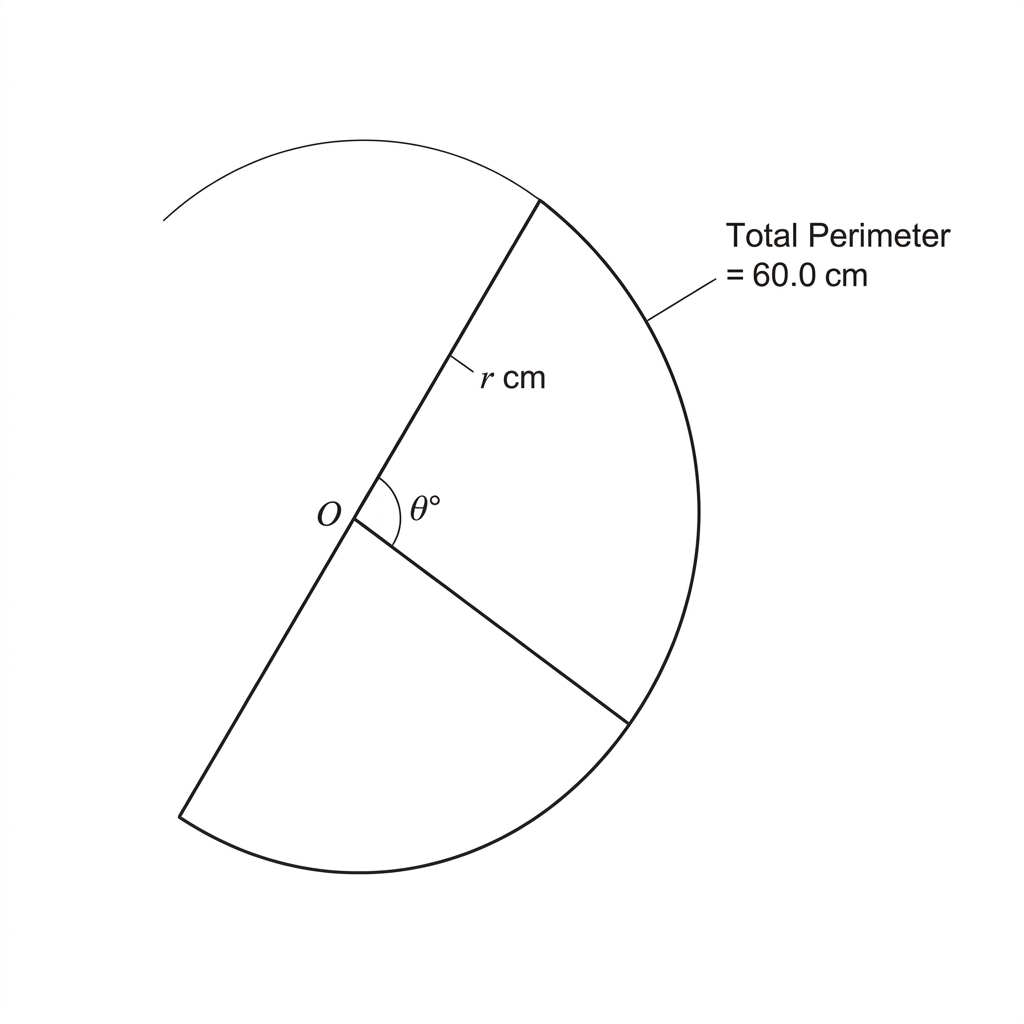A shaded circular sector bounded only by two radii from O and the single circular arc joining their endpoints. Mark the angle between the radii as $\theta^\circ$ and label one radius $r$. Do not show any circumference outside this arc or extend either radius through O. Indicate that the perimeter of the two radii and the one arc is $60.0\ \text{cm}$.