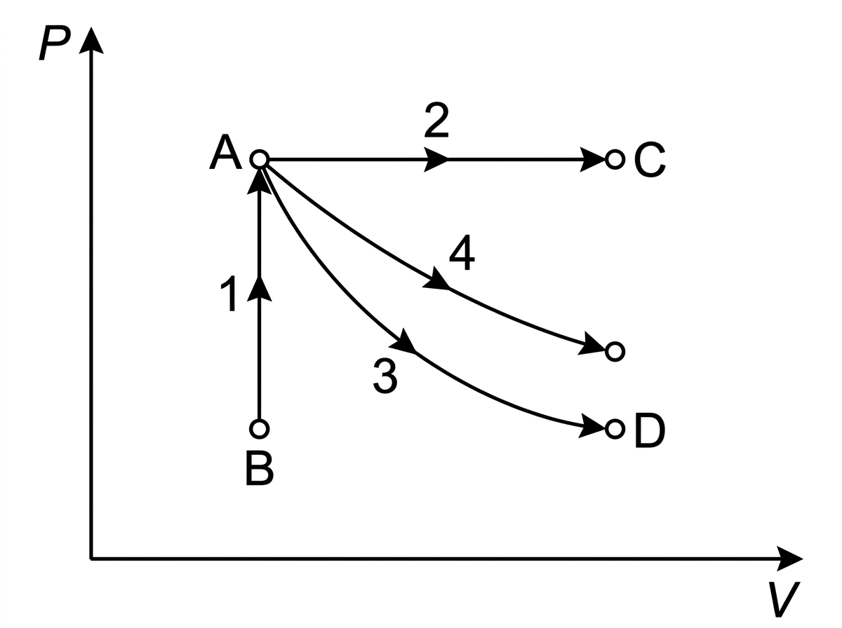P–V diagram with four labelled paths from or between labelled states: one vertical constant-volume line, one horizontal constant-pressure line, one smooth isothermal curve, and one steeper adiabatic curve; labels should not name the processes.