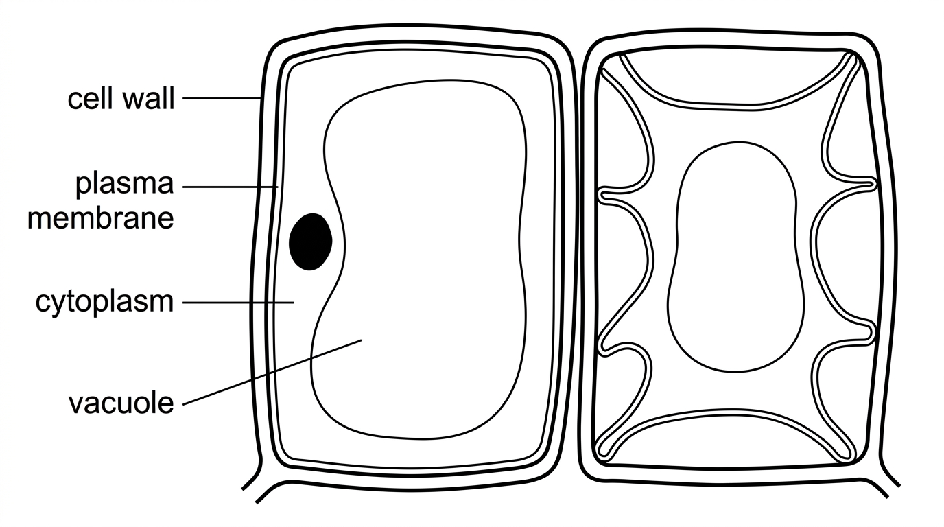 Diagram of a plant cell with cell wall, plasma membrane, cytoplasm and vacuole labelled; a second outline shows membrane pulled away from the wall but without naming plasmolysis.