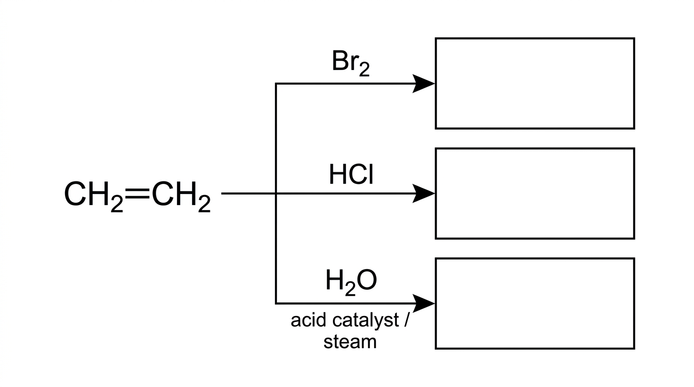 A reaction scheme with ethene at the centre and three unlabeled arrows leading to three boxes. The arrows should be labelled Br2, HCl, and H2O with acid catalyst/steam. The product boxes should be blank.