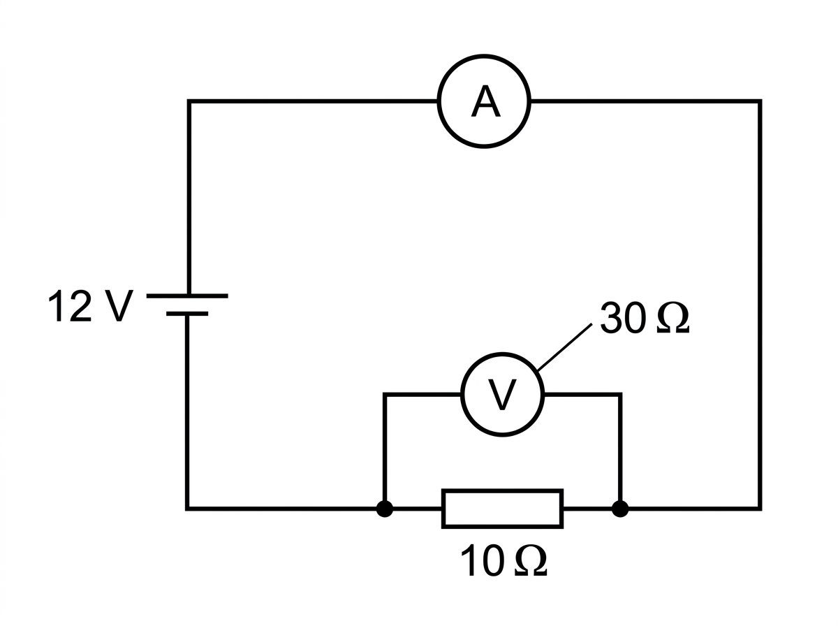 A circuit diagram with an ideal 12 V dc supply, an ideal ammeter in series in the main loop, a 10 ohm resistor as the load, and a voltmeter connected in parallel across the 10 ohm resistor. The voltmeter is labelled with resistance 30 ohm.