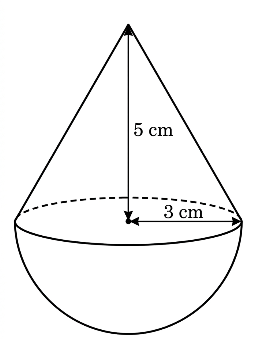 A right cone joined base-to-base to a hemisphere. The common circular face is shown as internal, with the shared radius and cone height labelled.
