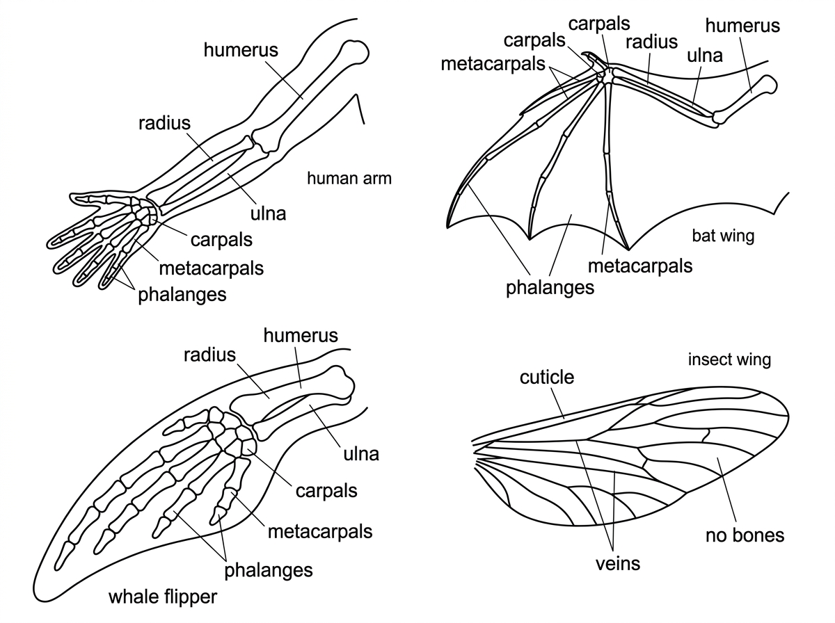 Diagram comparing a human arm, bat wing, whale flipper and insect wing, with vertebrate limb bones labelled for the first three and structural differences in the insect wing indicated.