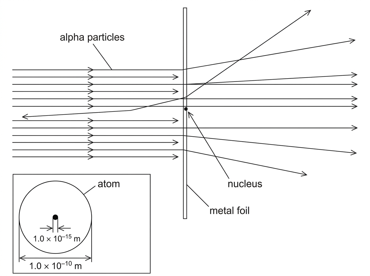 Diagram of alpha particles incident on a thin metal foil, showing most paths passing straight through, some paths deflected through small angles and a very small number reflected through large angles; include labels for alpha particles, metal foil and nucleus but do not show any explanatory conclusion.