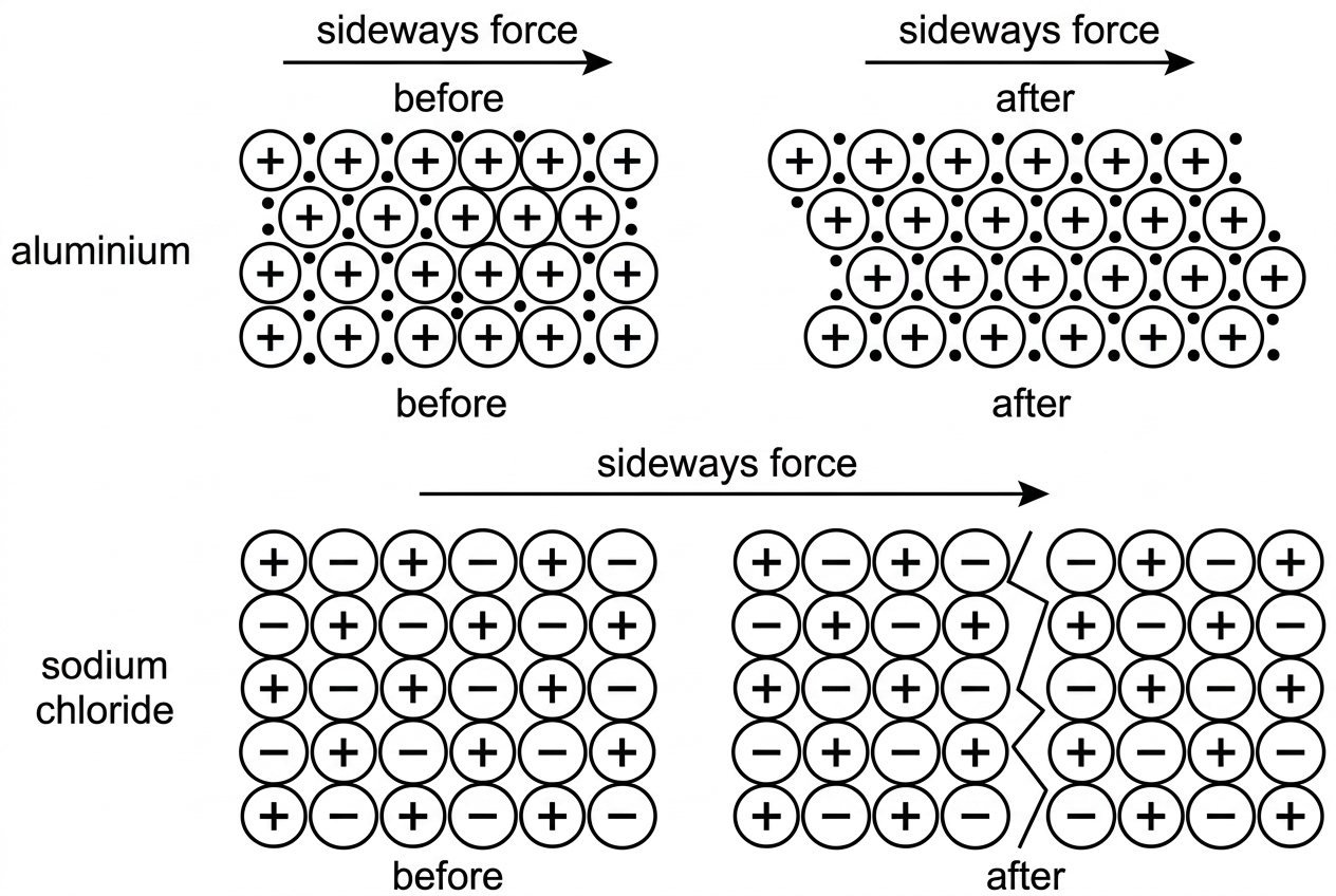An annotated stimulus with two particle diagrams. One diagram shows layers of positive metal ions in aluminium surrounded by delocalized electrons before and after sliding. The other shows an ionic lattice of alternating positive and negative ions before and after displacement, with like charges brought close together and a crack forming.
