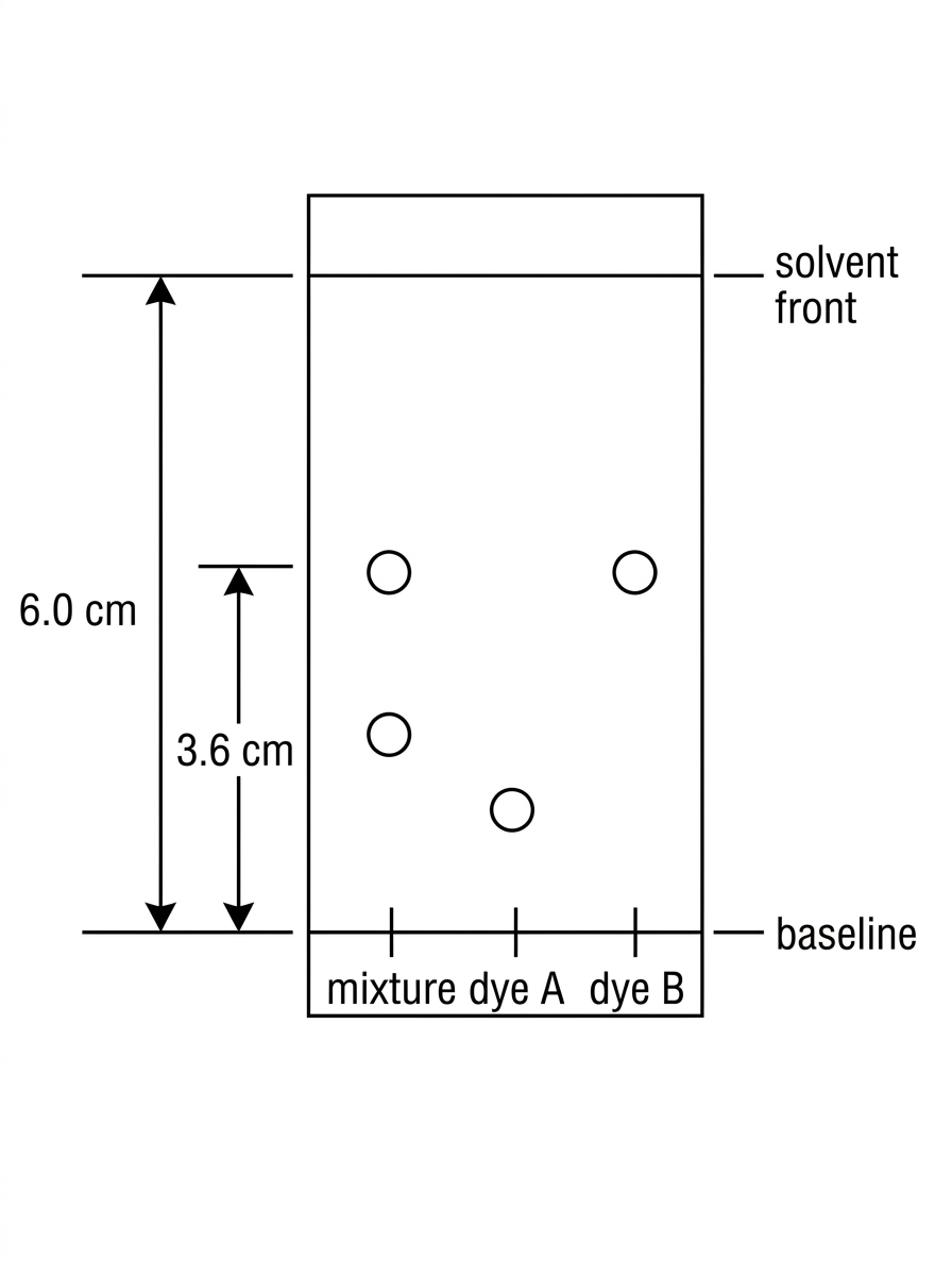 TLC plate with baseline, solvent front, lanes for mixture and two reference dyes; spot positions indicate one mixture spot aligns with one reference. Distances from baseline to solvent front and to a specified spot are marked.