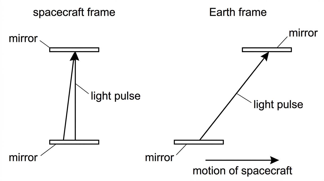 Two-panel light-clock diagram: in the spacecraft frame the light travels vertically between two mirrors; in the Earth frame the mirrors move horizontally and the light follows a longer diagonal path; labels show spacecraft frame and Earth frame without giving conclusions.