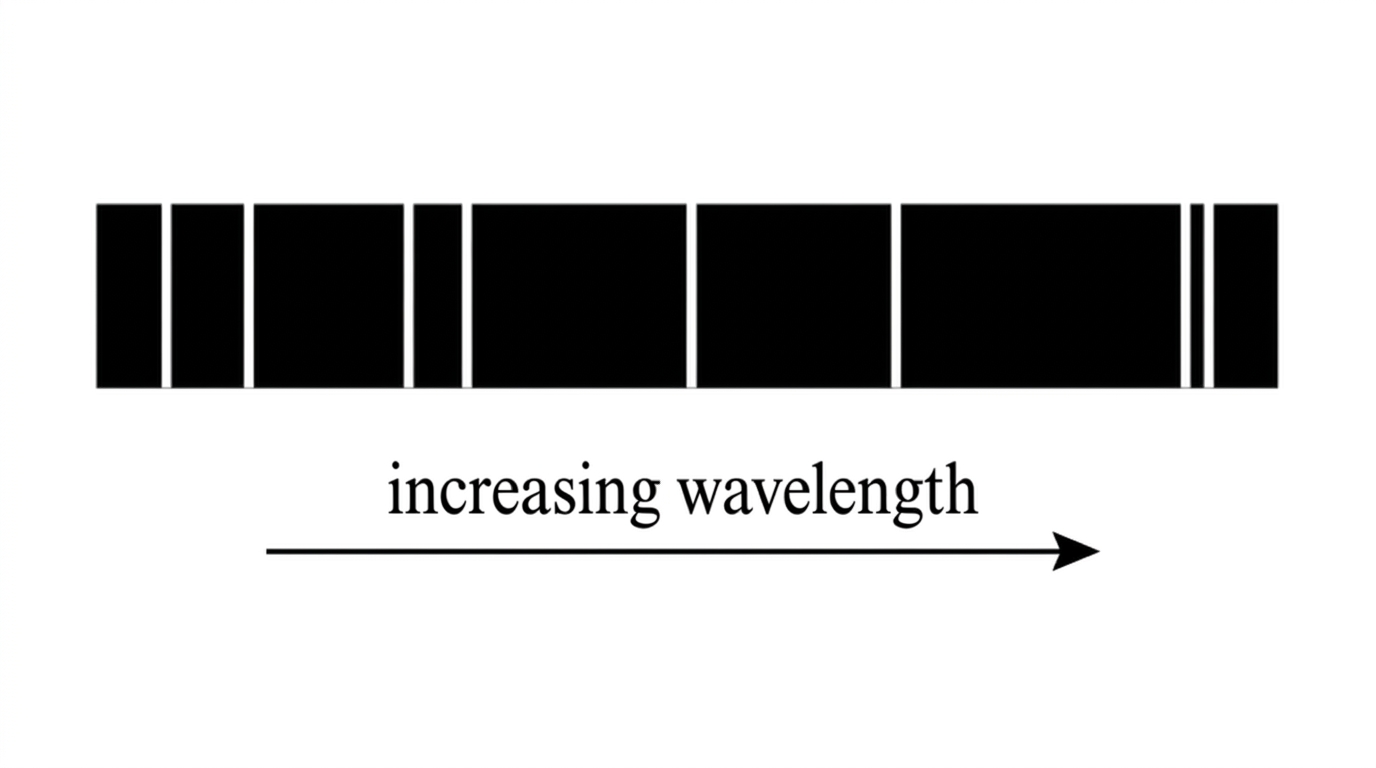 Line spectrum with several bright vertical lines at different positions on a dark background and an arrow labelled increasing wavelength.