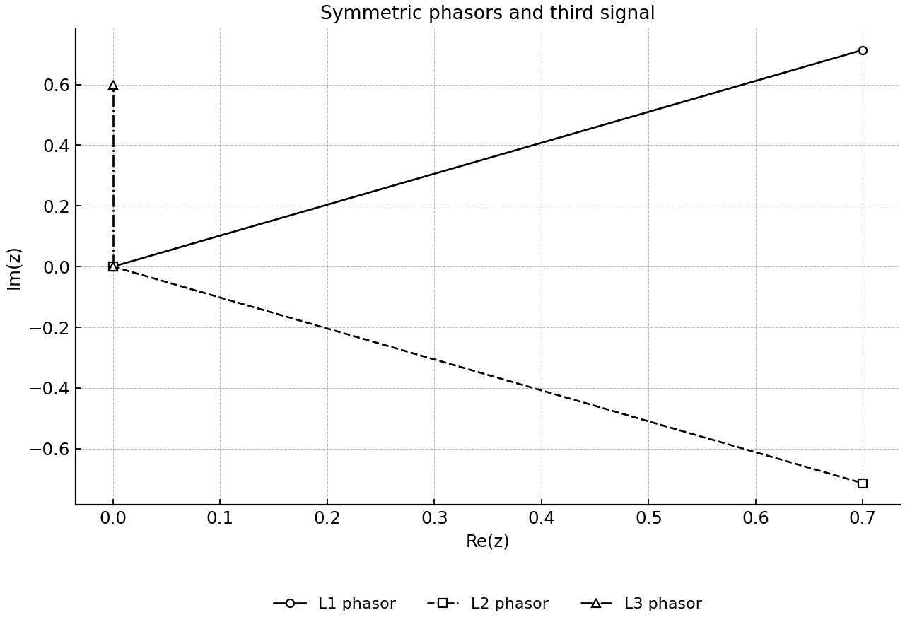 Schematic phasor diagram of the two symmetric phasors and the added third phasor, using normalized non-answer-derived coordinates and equal physical scaling.