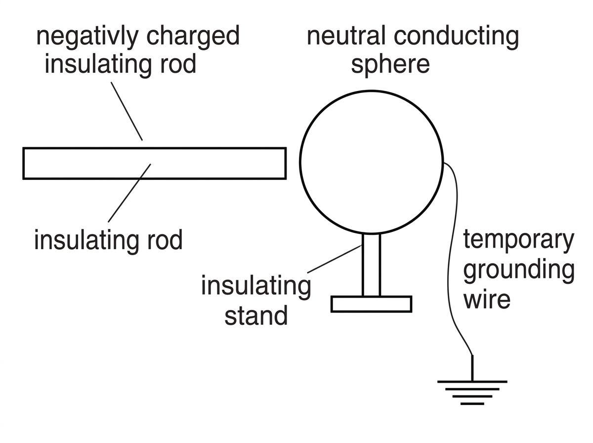 A conducting sphere on an insulating stand is shown near a negatively charged rod without contact. A wire connects the sphere to an Earth symbol. The rod is labelled negative and is positioned to one side of the sphere. No charge distribution is drawn on the sphere.