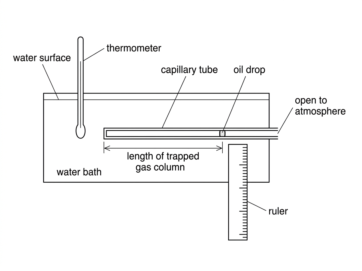 A capillary tube containing a trapped gas column sealed by a small oil drop, immersed in a water bath with thermometer and ruler. The capillary has uniform cross-section and is open to atmospheric pressure at the oil-drop side.