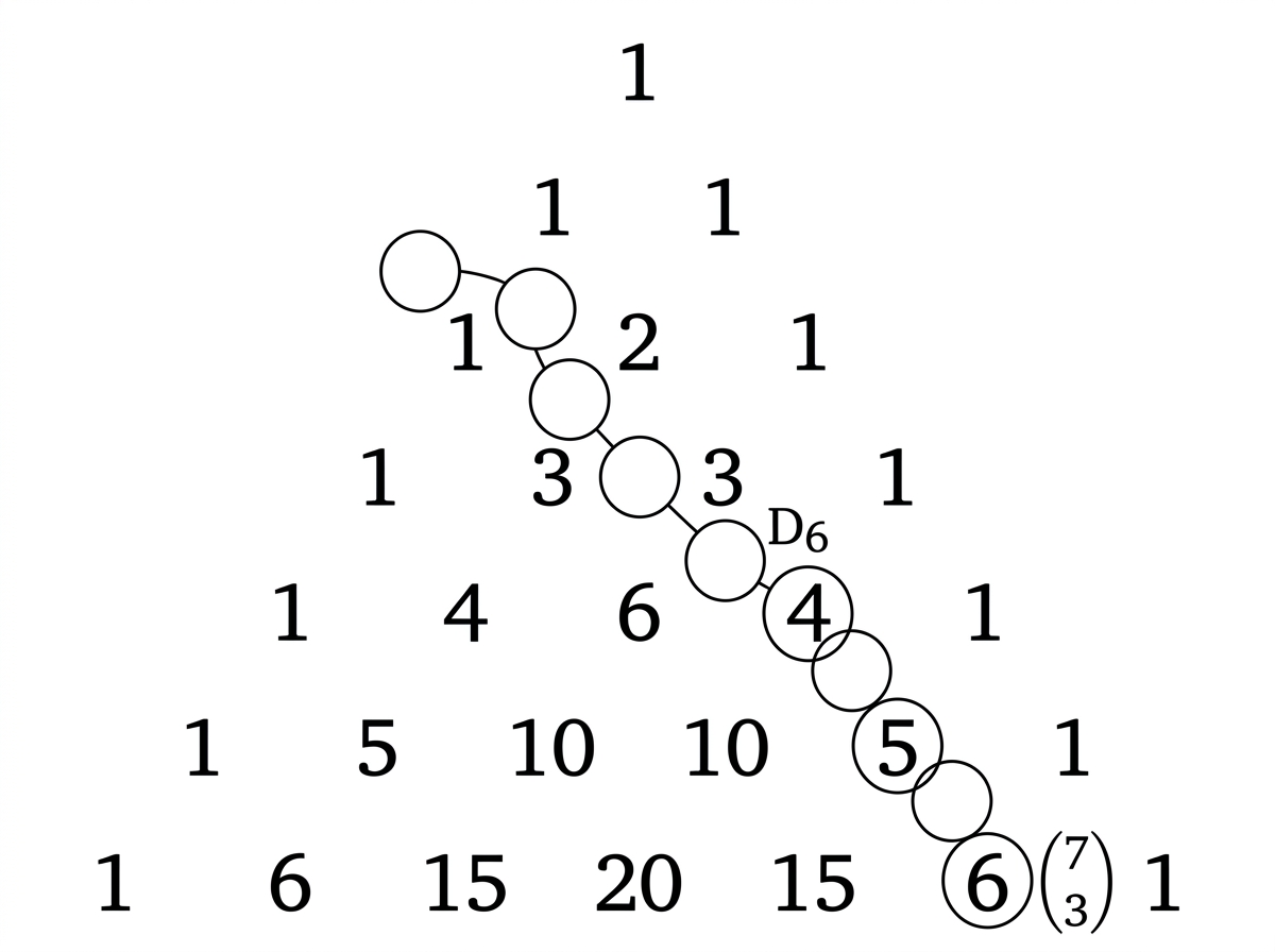 A portion of Pascal's triangle with one shallow diagonal corresponding to entries of the form binomial r choose 2 highlighted, and the adjacent entry at the end of the diagonal indicated but not numerically evaluated.