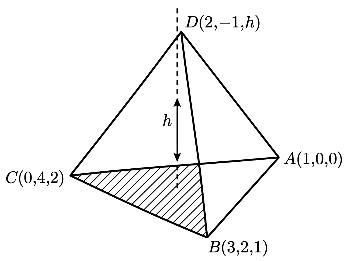 A three-dimensional diagram of tetrahedron ABCD with coordinate axes. The vertex $D(2,-1,h)$ is shown moving parallel to the $z$-axis. Do not draw a height or perpendicular arrow from D to face $ABC$; $h$ labels the $z$-coordinate only. Face $ABC$ is shaded.