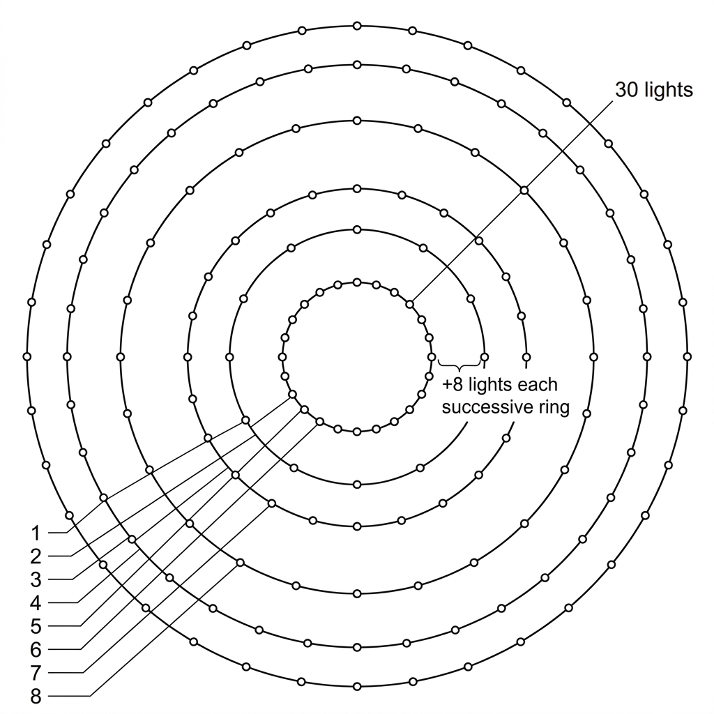A plan view of a circular light installation consisting of concentric rings, labelled from the innermost ring outward.