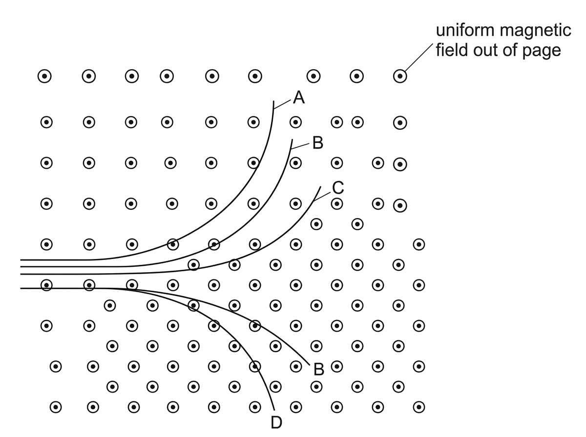 A bubble-chamber-style diagram with several curved tracks in a uniform magnetic field out of the page; tracks have different radii and at least two curve in opposite directions.