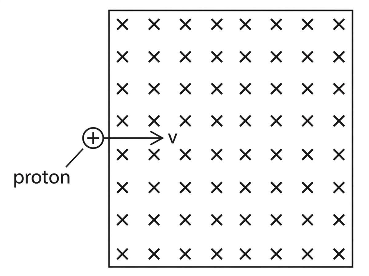 Diagram showing a proton entering a rectangular region containing uniformly spaced cross symbols representing a magnetic field into the page. The proton has a velocity arrow perpendicular to the field. No circular path or centre of curvature is shown.
