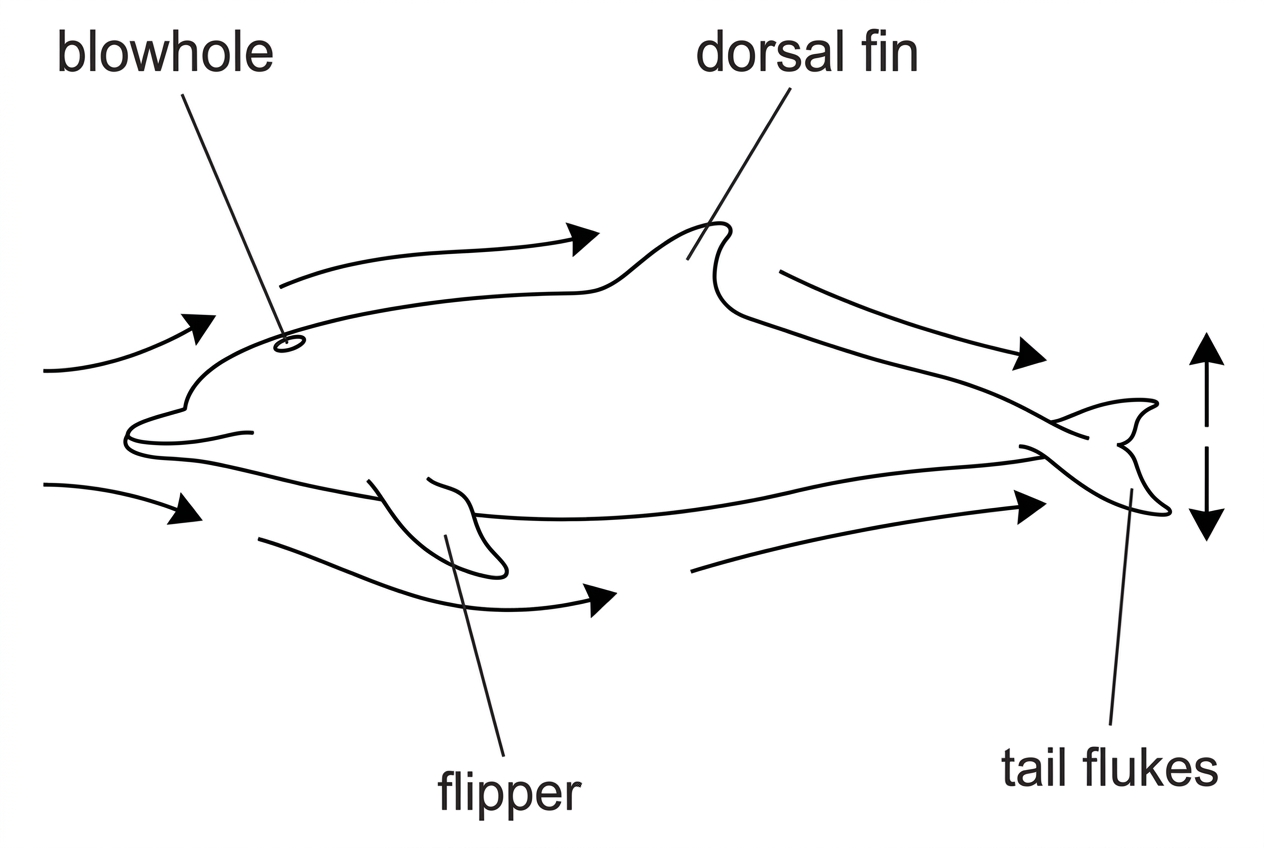 A labelled diagram of a dolphin-like marine mammal in side view. It should show a streamlined body, reduced external projections, forelimbs modified as flippers, a dorsal fin, horizontal tail flukes and a blowhole on top of the head. Arrows should show up-and-down tail movement and water flow around the body, without explanatory captions.