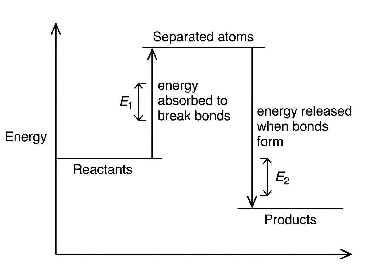 Energy level diagram with reactants, an upper separated-atoms/intermediate level after bond breaking, and products at a lower or higher level than reactants. Arrows must show energy absorbed to break bonds and energy released when bonds form, with labelled magnitudes but without naming exothermic/endothermic.