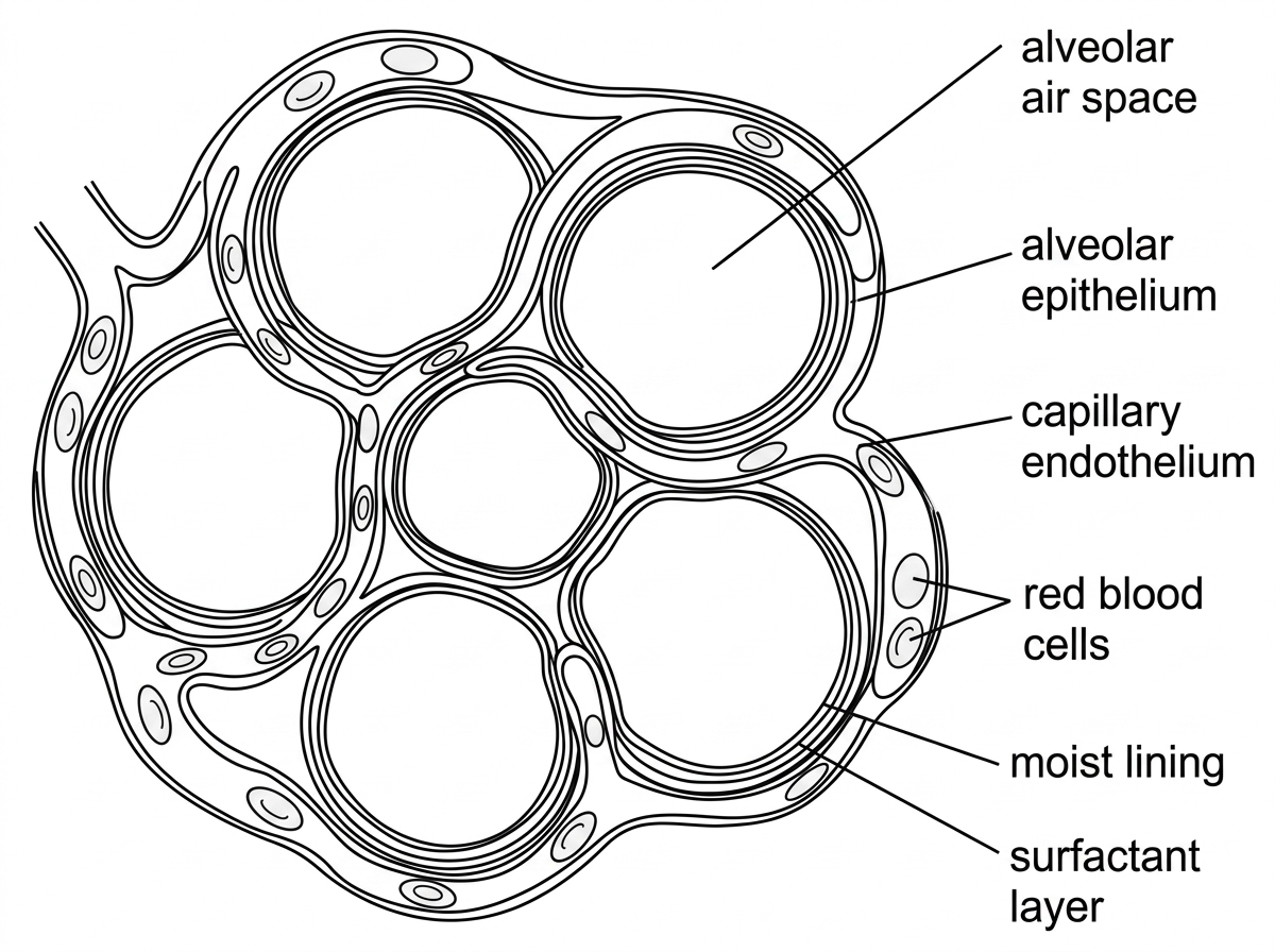 A labelled biological diagram showing several alveoli as thin-walled air sacs surrounded by a dense capillary network. Labels should include alveolar air space, alveolar epithelium, capillary endothelium, red blood cells, moist lining and surfactant layer. The diagram must not indicate which structural feature is defective.