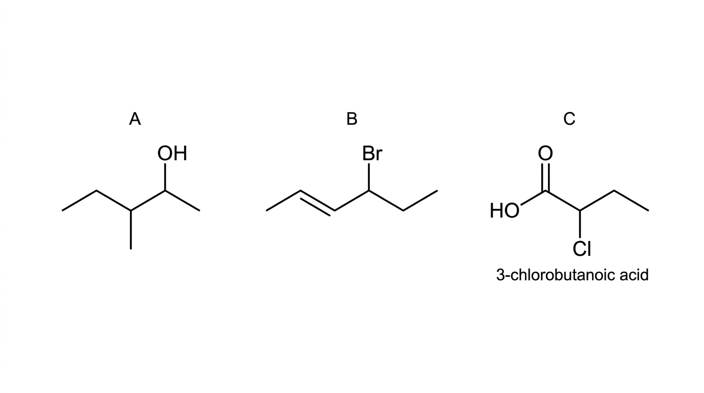 Annotated stimulus showing: A as a branched alcohol with a five-carbon parent chain and the hydroxy group on carbon 2; B as a mono-unsaturated bromoalkene with a six-carbon parent chain; C as a chloro-substituted butanoic acid with an incorrect proposed name printed beneath it. The structures must be unambiguous for IUPAC numbering.