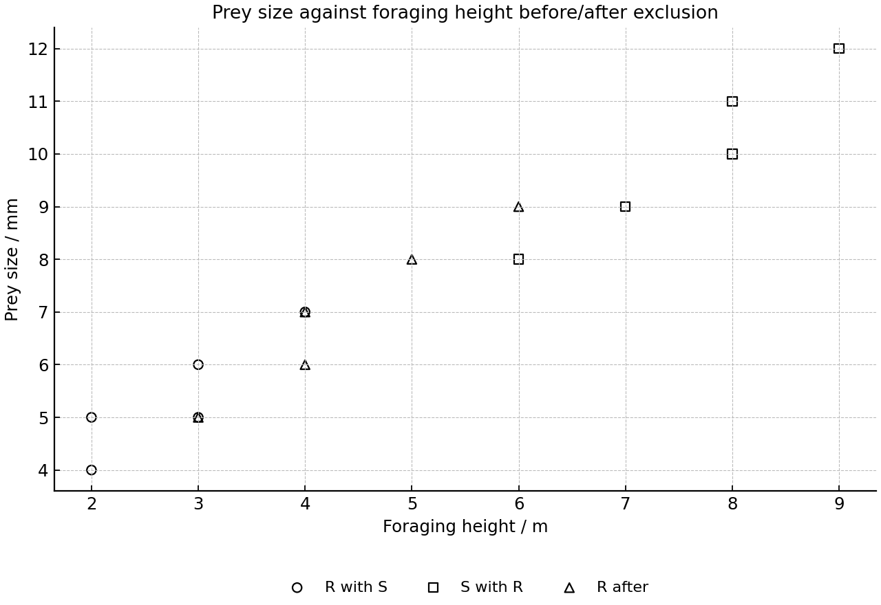 Scatter plot showing prey size against foraging height for bird species R and S when both are present, and for species R after species S is removed.