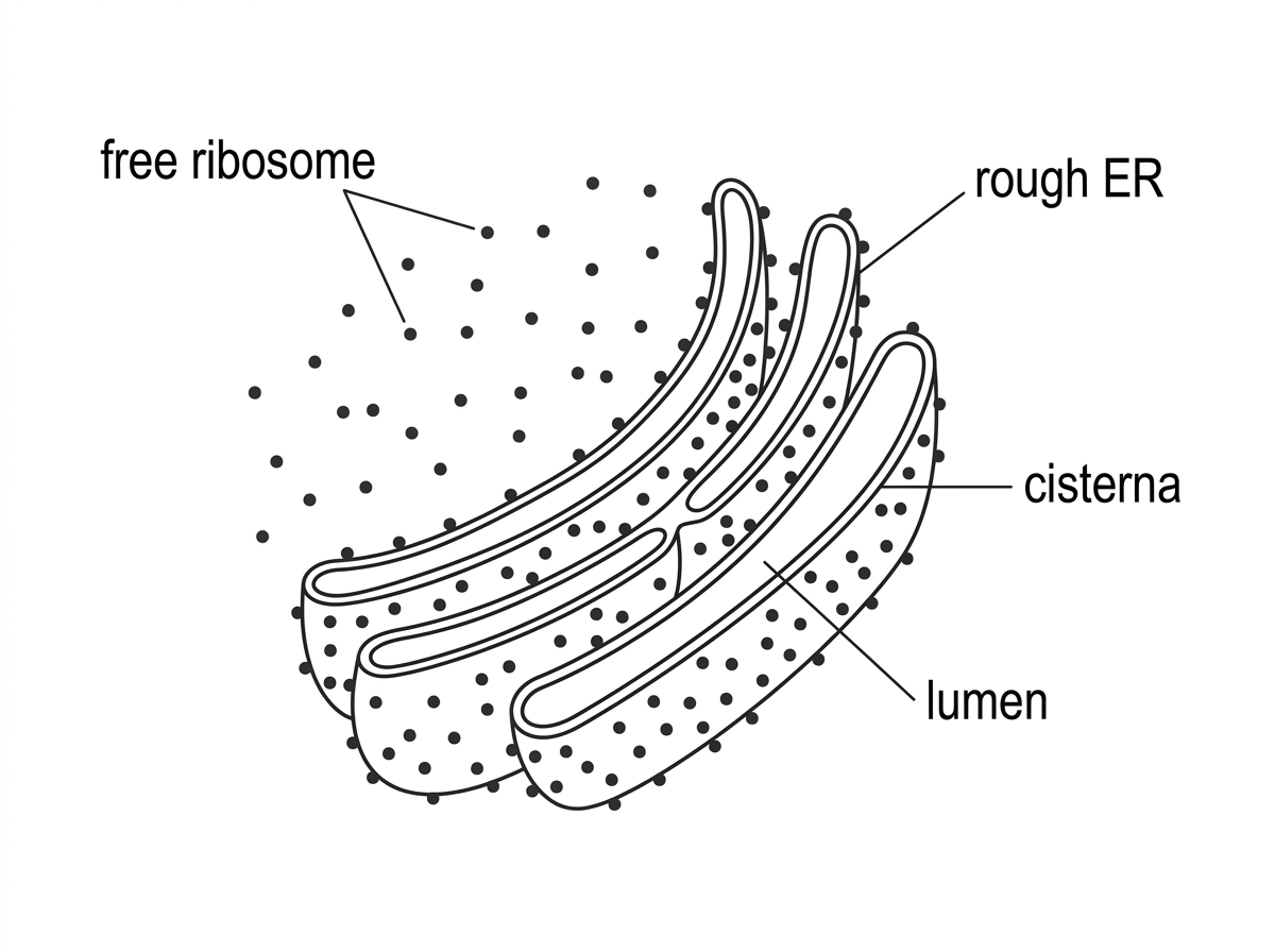 An electron-micrograph-style diagram of a eukaryotic secretory cell region showing free ribosomes in cytoplasm and ribosomes attached to flattened rough ER cisternae with a lumen. Labels should identify free ribosome, rough ER, cisterna and lumen, without indicating protein destinations.