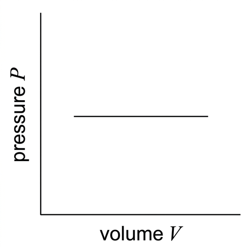 A simple Cartesian graph with vertical axis labelled pressure P and horizontal axis labelled volume V. The plotted curve is a horizontal straight line across the graph at constant pressure. No numerical scale is shown.