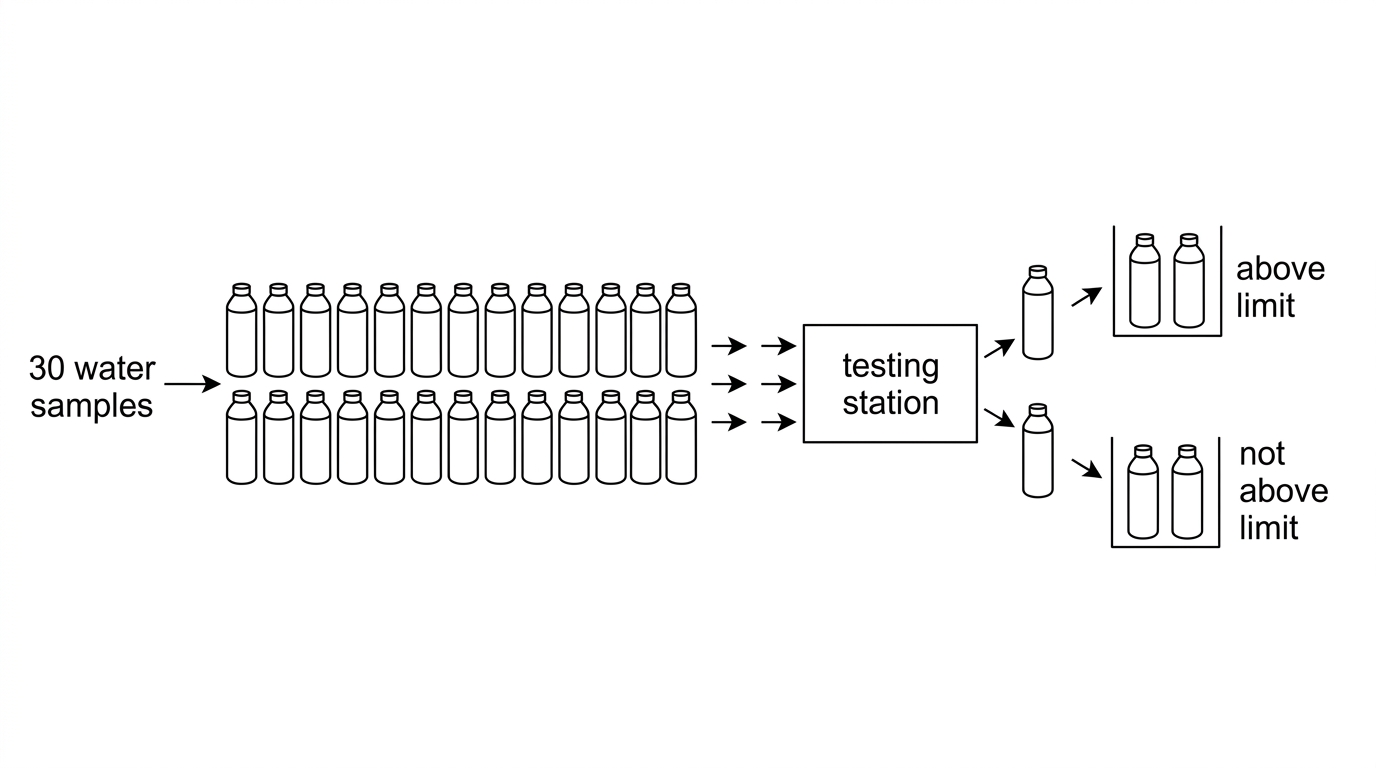 A schematic showing exactly 30 identical water-sample containers as inputs, arranged in two rows of 15, passing independently through a testing station. The output icons are explicitly illustrative and non-counting, with labels “above limit” and “not above limit”; they do not represent the observed result.