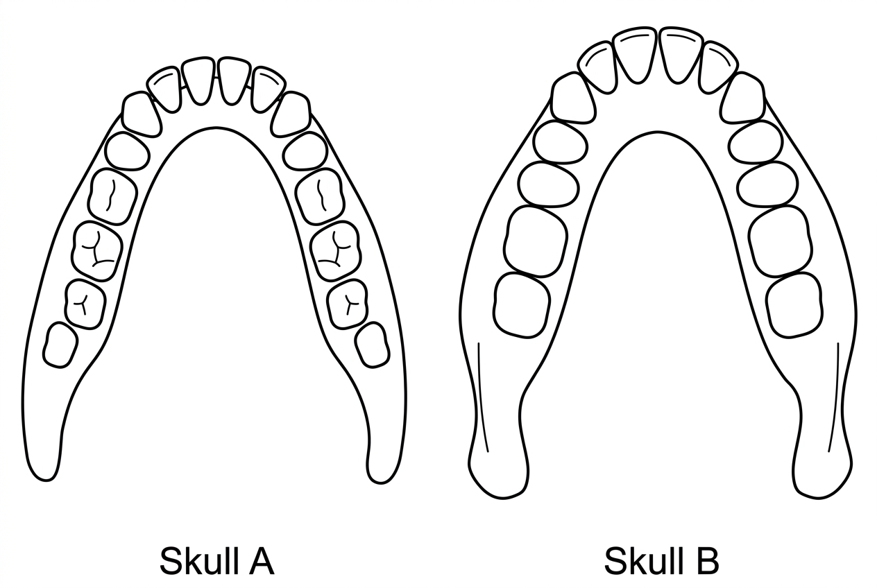 Side-by-side simplified diagrams of two hominid jaws or skulls labelled Skull A and Skull B. Skull A must show relatively small molars and mixed dentition; Skull B must show broader flatter molars/premolars and a more robust jaw. No diet labels should be included.
