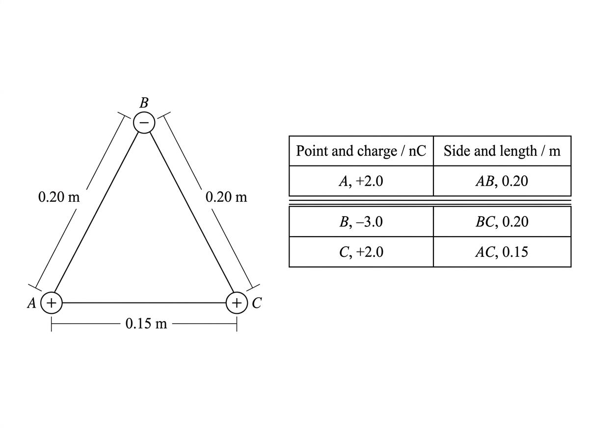 A labelled triangle with point charges at the three vertices. A table beside the diagram gives the charge values at A, B and C and the three side lengths. The charges include both positive and negative values. Units for charge and distance are shown.