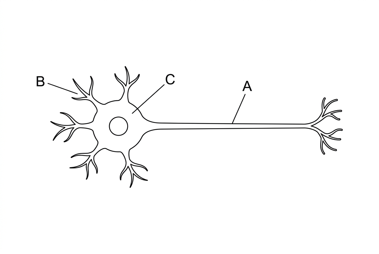 A simple labelled diagram of a neuron showing a cell body with nucleus, several branched dendrites, a single long axon extending away from the cell body, and branched axon terminals. Labels A, B and C point to three different structures without naming them.