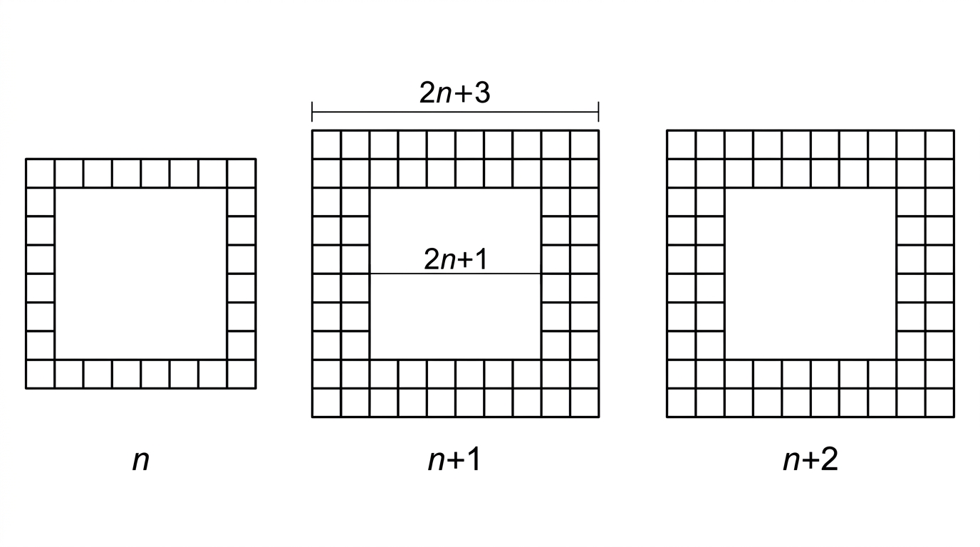 A sequence of three square mosaic frames labelled $n$, $n+1$, and $n+2$, each with a one-tile-wide border. Frame $n$ has outer and inner side lengths $2n+3$ and $2n+1$ tiles; frame $n+1$ has outer and inner side lengths $2n+5$ and $2n+3$ tiles; frame $n+2$ has outer and inner side lengths $2n+7$ and $2n+5$ tiles. Each successive frame is visibly larger, and all borders are one tile wide.
