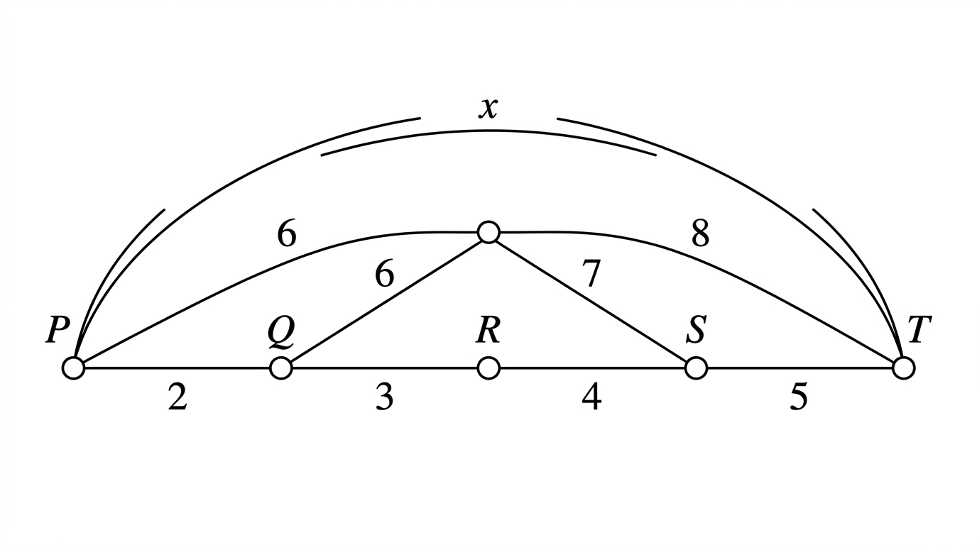 A weighted undirected network showing six power stations $P,Q,R,S,T,U$, including the upper station $U$, fixed-weight links, and the link $PT$ labelled $x$.