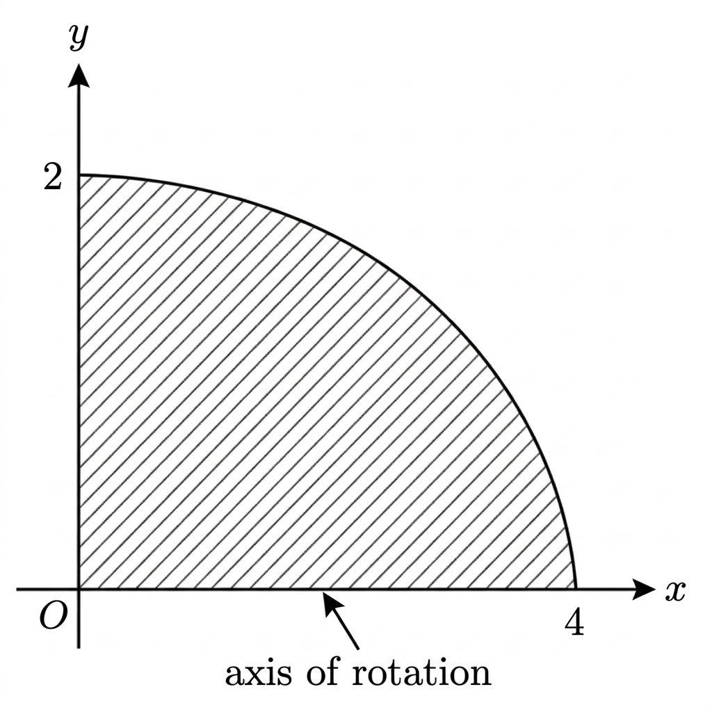 A first-quadrant coordinate diagram showing a decreasing curve from the positive y-axis to the positive x-axis. The region under the curve and between the coordinate axes is shaded, and the x-axis is identified as the axis of rotation.