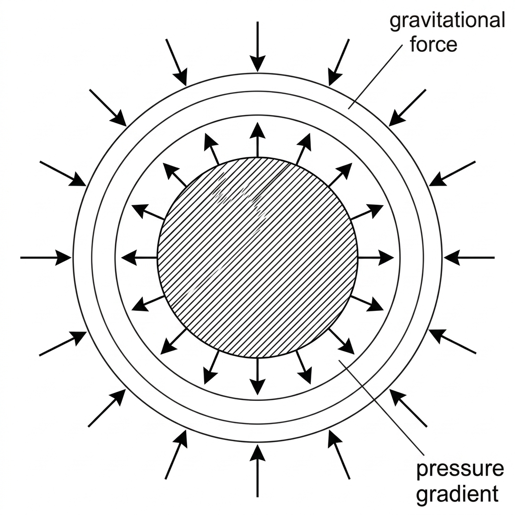 Cross-sectional diagram of a spherical star with concentric layers. Arrows directed inward are labelled gravitational force or weight of outer layers. Arrows directed outward from the core and inner layers are labelled pressure gradient. The core region is shaded but no numerical values are shown.