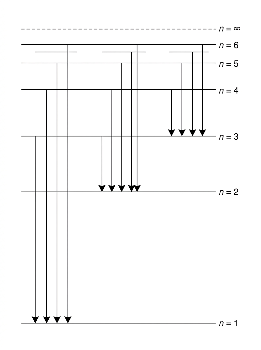 An energy-level diagram for hydrogen with horizontal levels labelled by principal quantum numbers. Several downward arrows terminate at the first, second and third levels. The arrows are grouped but not labelled with historical series names.